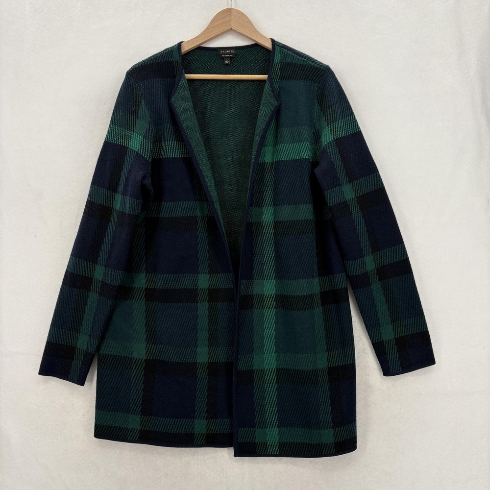 Talbots Cardigan Sweater Womens Large Blue Plaid 100% Merino Wool Open Front
